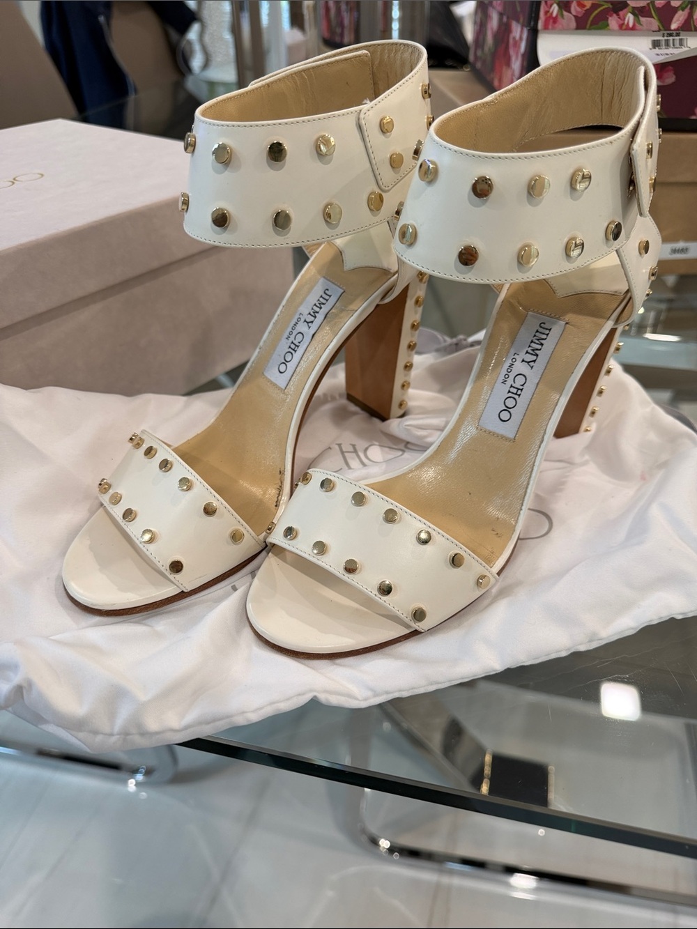 Jimmy Choo White Studded Block Heel Sandals with Ankle Cuff size 39 - Picture 8 of 9
